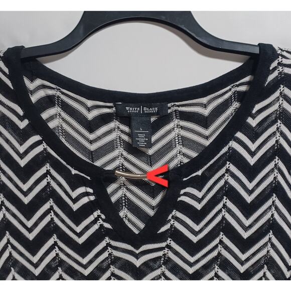 White House Black Market sz L Chevron Stripe Pointelle Sweater Dress Black White - Picture 9 of 9